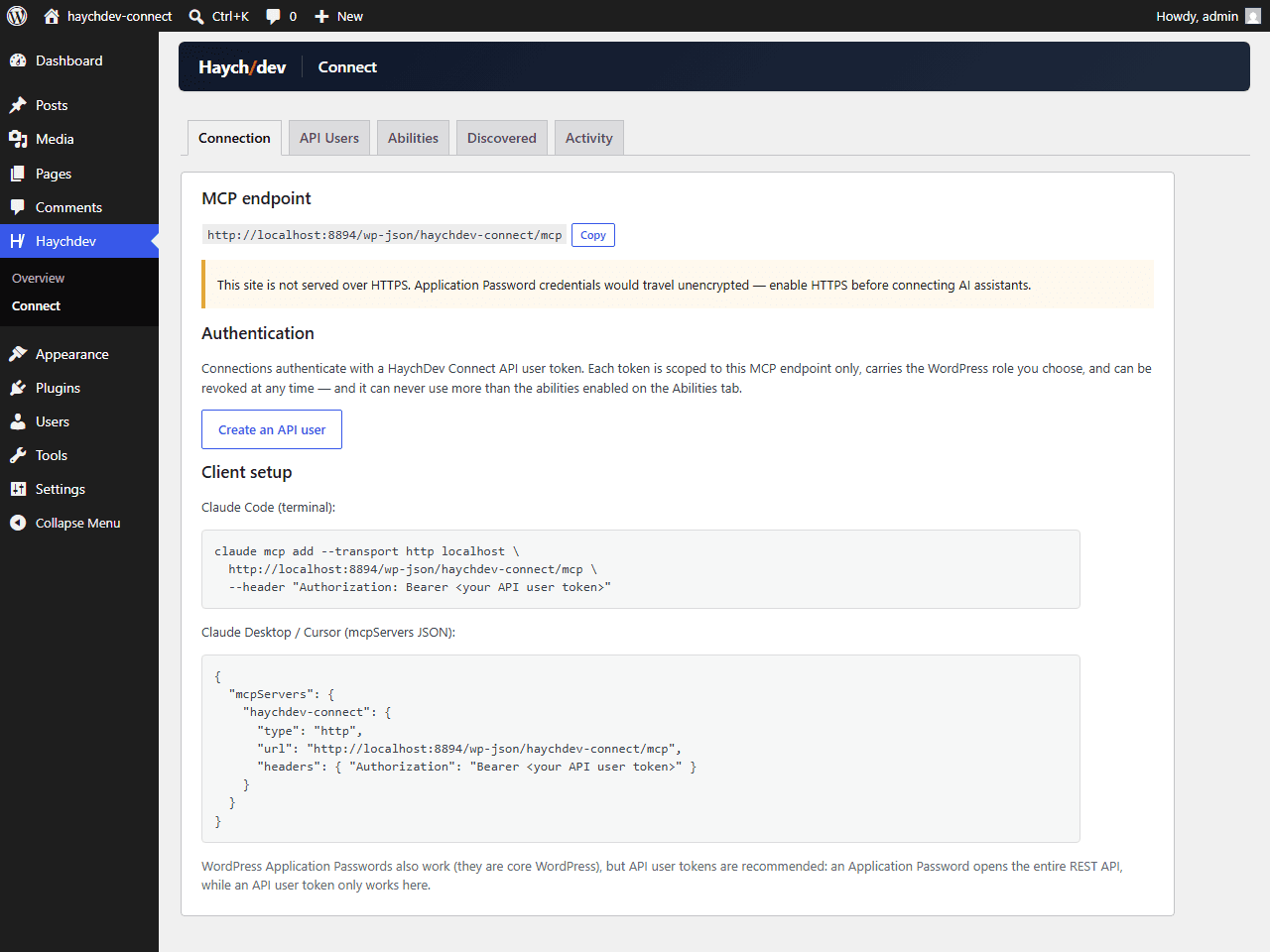 The Connection tab — MCP endpoint URL, HTTPS check, API user guidance, and ready-to-paste client setup snippets.