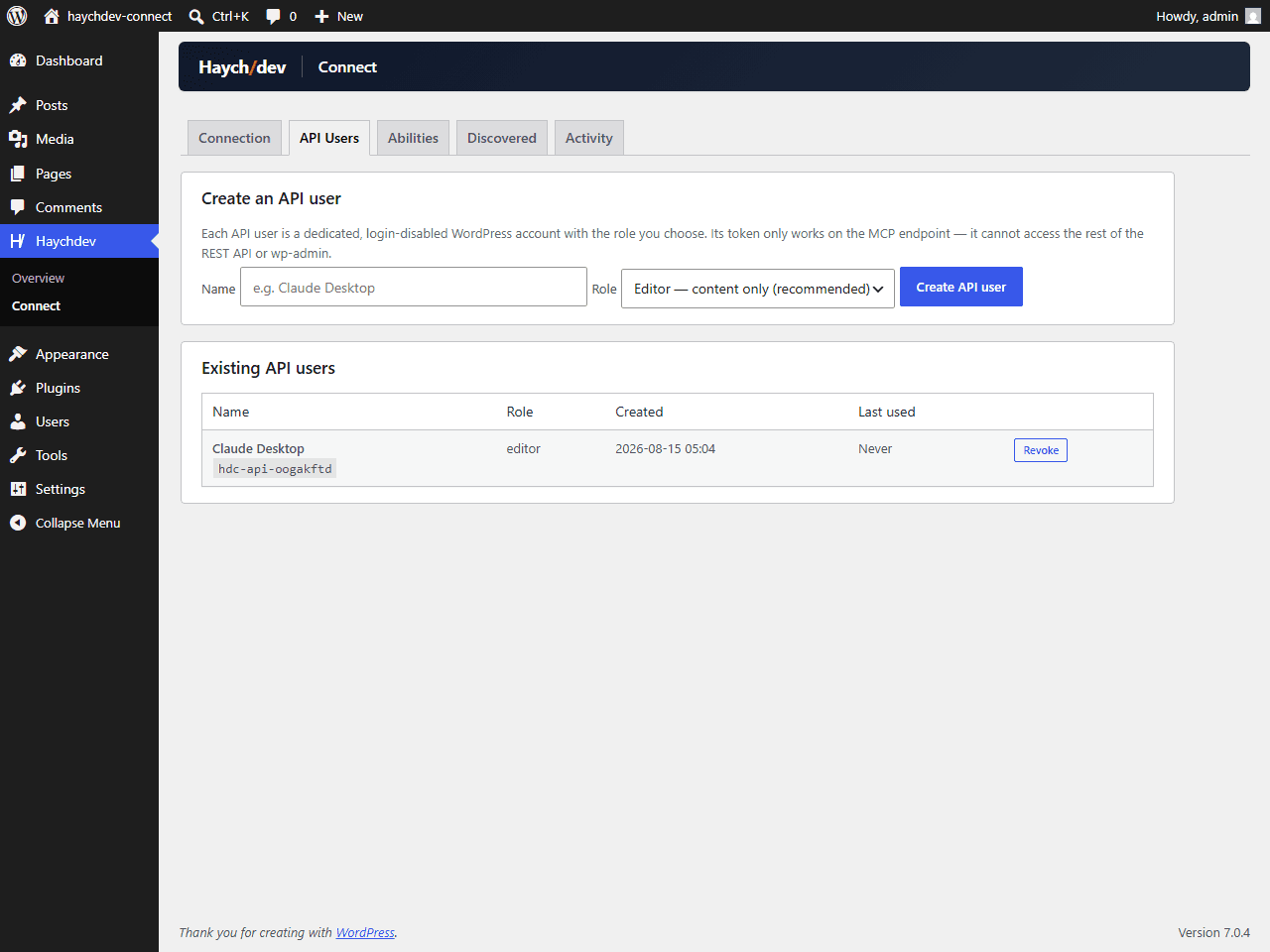 The API Users tab — create revocable, endpoint-scoped bearer tokens backed by login-disabled accounts with the role you choose.